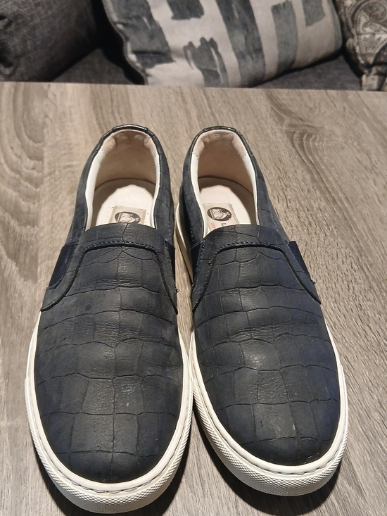 Lanvin Shoes - Lanvin Navy Blue Croc-Embossed Suede Slip-On Skate Sneakers - Size EU 38